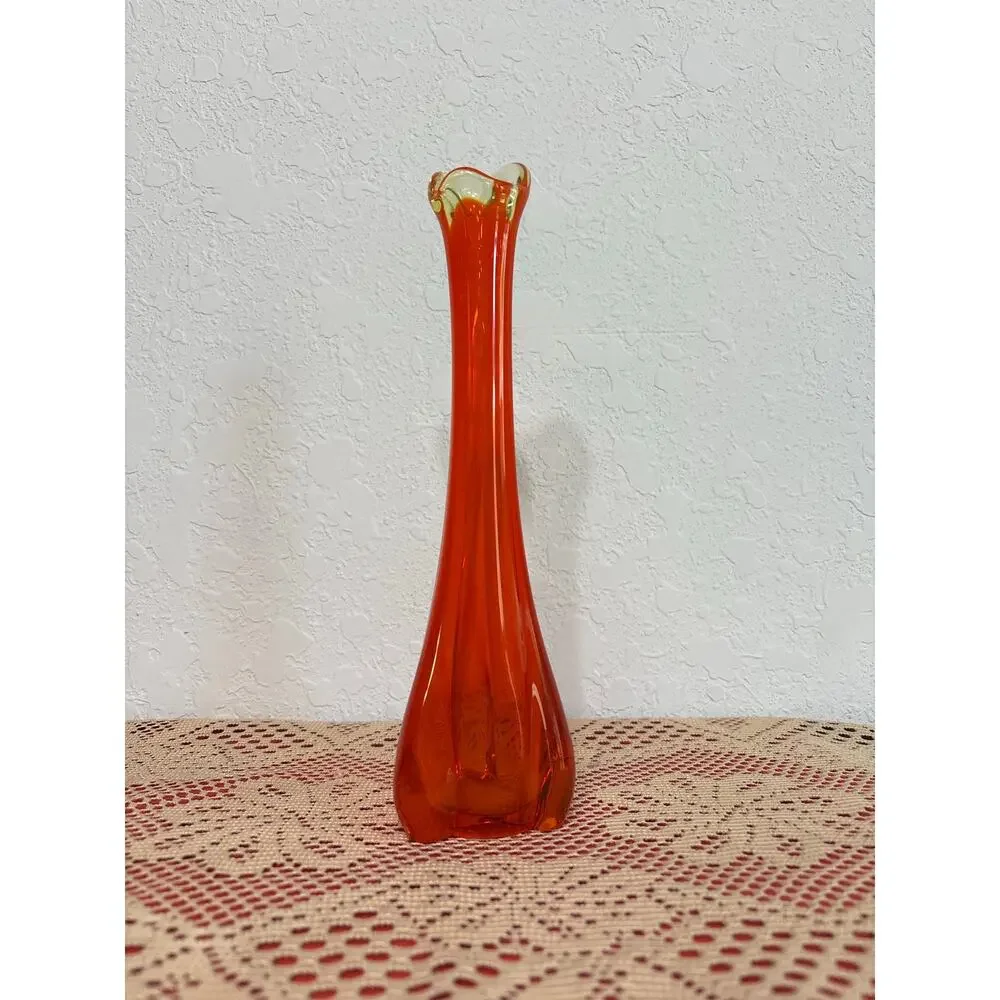 Vintage MCM Vikcing Glass Orange Persimmon Color- Swung Bud Vase- 10